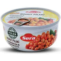 Sera Chickpeas in Tomato Sauce, 320g can with a colorful label featuring chickpeas and a vegan logo. The can is cylindrical with a pull-tab lid, showcasing a vibrant design reflecting its contents.