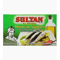 Sultan All Natural Moroccan Sardines in Olive Oil with Chili Peppers packaging, showcasing sardines, olive oil, and chili peppers, highlighting gourmet seafood options.
