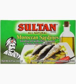 Sultan All Natural Moroccan Sardines in Olive Oil with Chili Peppers packaging, showcasing sardines, olive oil, and chili peppers, highlighting gourmet seafood options.