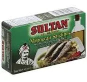 Another view of Sultan All Natural Moroccan Sardines in Olive Oil with Chili Peppers, featuring product branding and a detailed view of the can design.