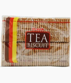 Ulker Tea Biscuits package front view, showcasing a sealed plastic wrap featuring the brand logo and the product name 'TEA BISCUIT,' highlighting the 400g size. The biscuits are arranged in rows, making them visually appealing for tea and coffee pairings.