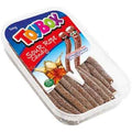 Sour Cola Licorice Rope candy strips in a clear plastic container with colorful ToyBox branding.