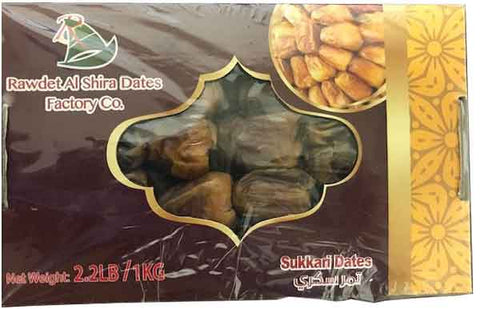 Package of Sukkari Rotab Dates by Rawdet Al Shira Dates Factory Co. weighing 2.2 pounds (1 kg) with golden decorative design and clear window showing the dates inside