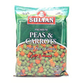 Sultan Frozen Peas & Carrots premium frozen mixed vegetables bag with green peas and orange carrot pieces.