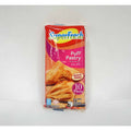 Package of Superfresh Puff Pastry weighing 500g, featuring ten flaky pastry pieces. The packaging is colorful, highlighting the product's extra flakiness and the text 'Puff Pastry' in both English and Turkish.