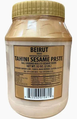 Beirut Tahini sesame paste in a plastic jar, 2 lb size, showcasing the product label with ingredient information and nutritional details.