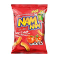Nam Nam ketchup-flavored crispy corn snack with tomato illustration on red packaging