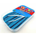 TOYBOX Sour Rope blue sour licorice candy in clear plastic container with white tongs