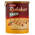 Ulker 9 Kat Tat Rulokat wafer rolls with hazelnut chocolate cream in a yellow and brown container