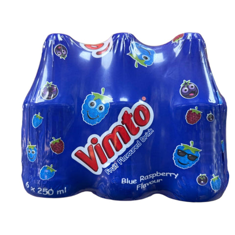 Vimto fruit flavoured Blue Raspberry drink pack showcasing bright blue design with cartoon fruit characters, labeled for 250ml bottles, emphasizing its refreshing taste.