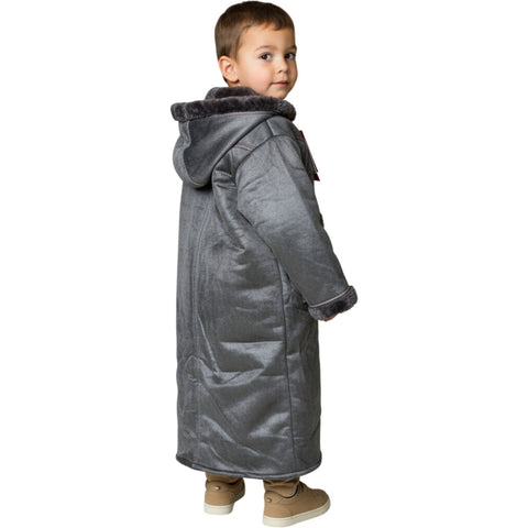 Child bundled up in the Kids Winter Fur Coat – Hooded 3-4 y old, emphasizing its warmth and comfort.
