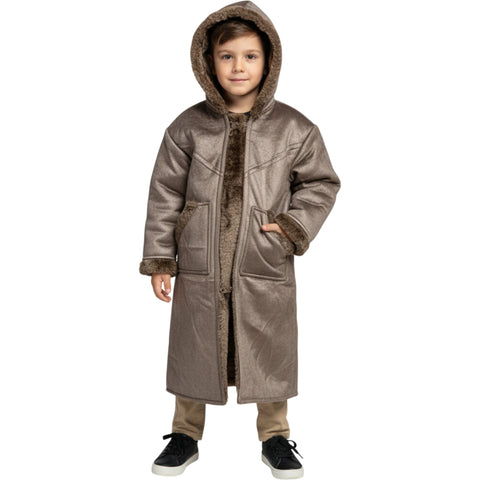 Child happily wearing the Kids Winter Fur Coat – Hooded 3-4 y old during a winter activity.